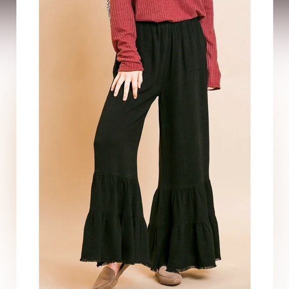 Umgee Orange Rust Wide Leg Ruffle Layered Hem Pants size M - Picture 1 of 14